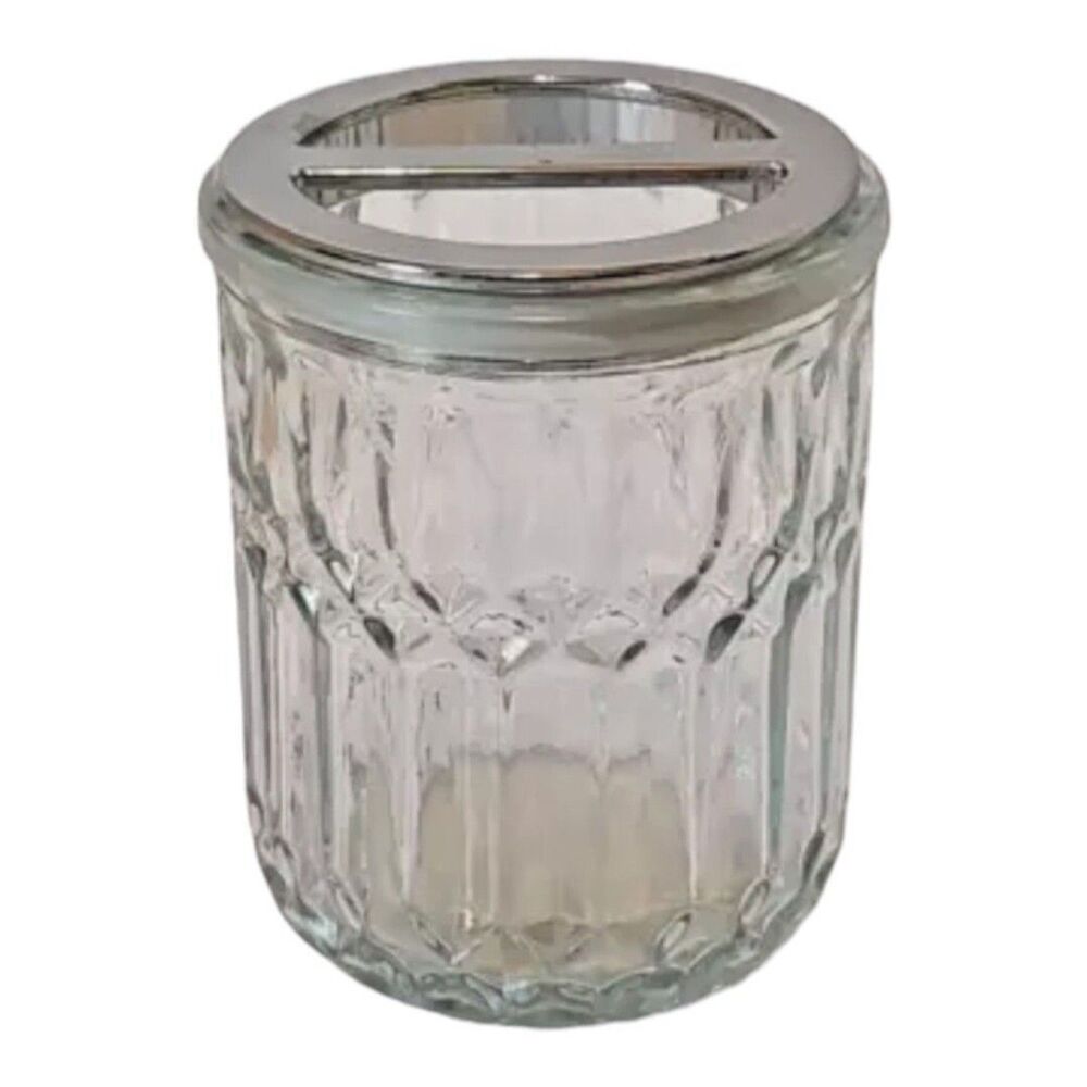 Comfort Bay Decorative Sculpted Glass Toothbrush Holder Removable Silver Lid New